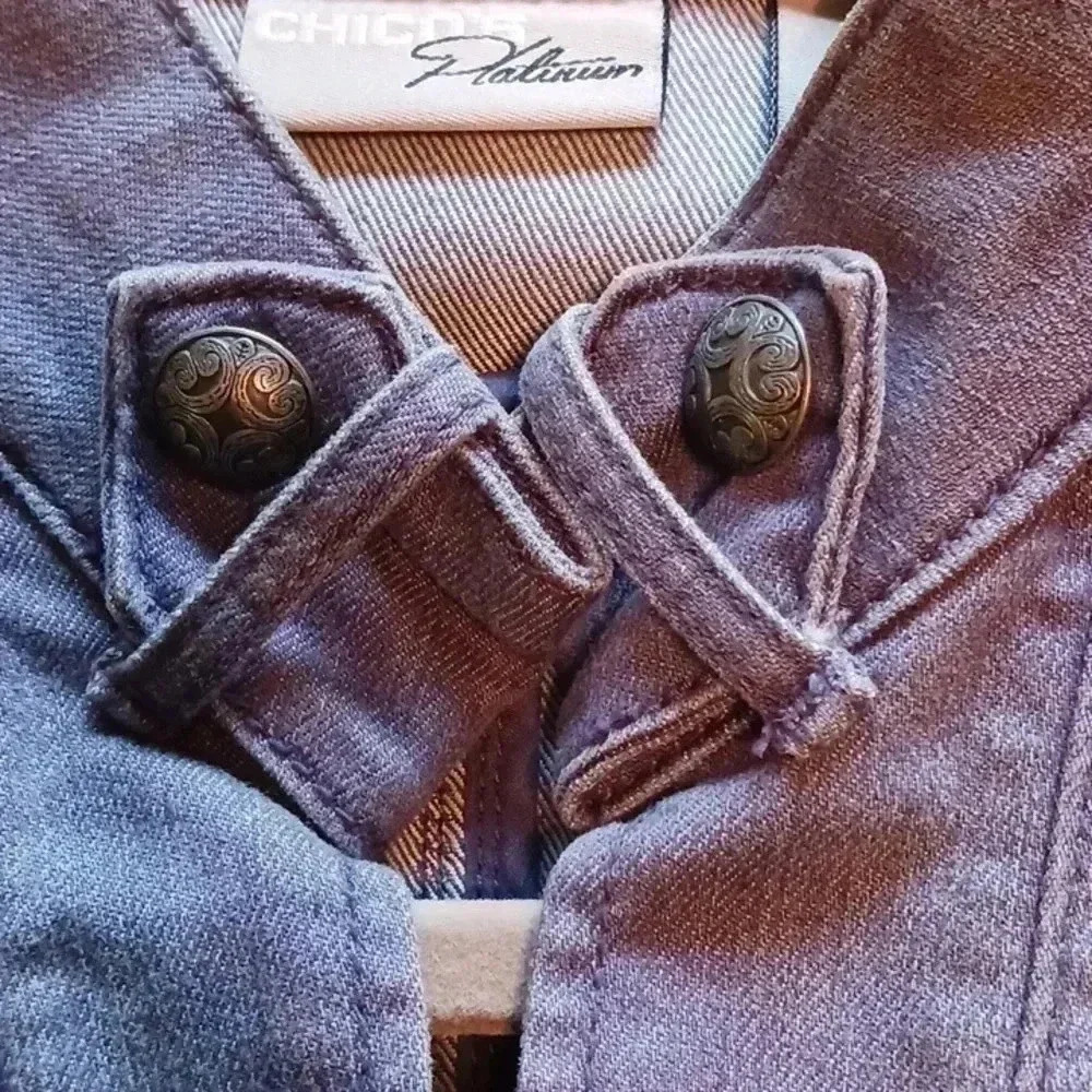 Chico's denim jacket with ruffle trim and silver buttons - Picture 5 of 9